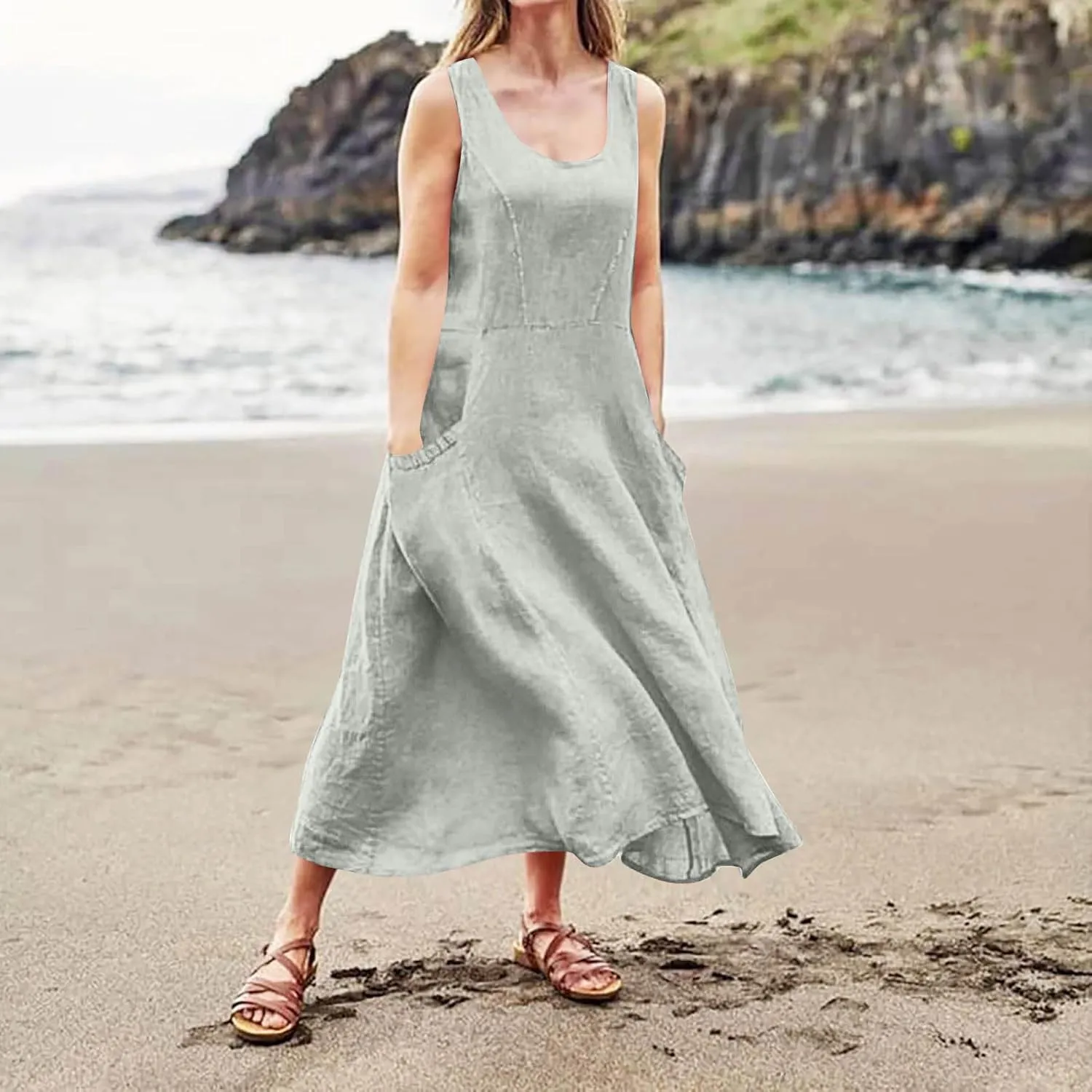 Plus Size Cotton Linen A-Line Maxi Dress Women Summer Lightweight Scoop Neck Beach Dresses Casual High Waist Dress