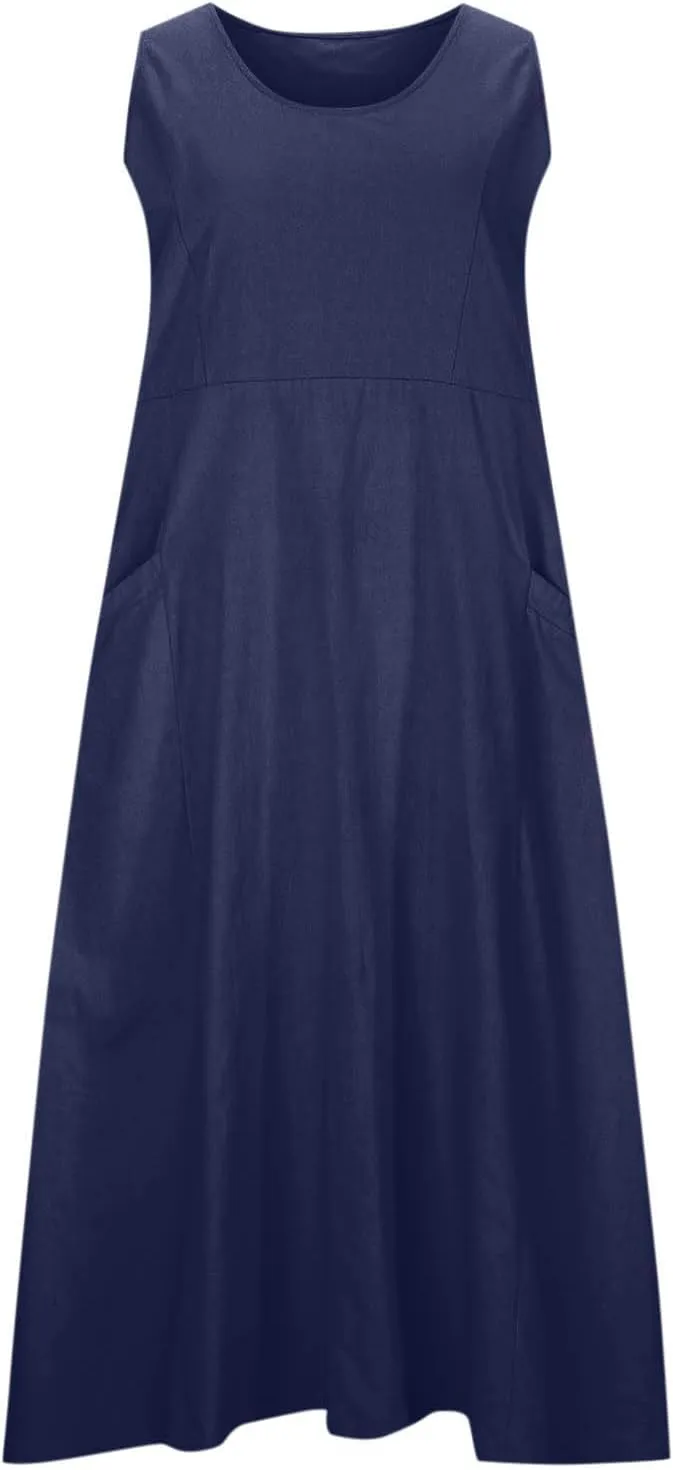 Plus Size Cotton Linen A-Line Maxi Dress Women Summer Lightweight Scoop Neck Beach Dresses Casual High Waist Dress
