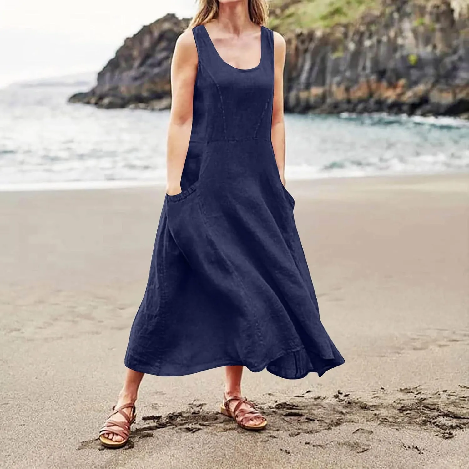 Plus Size Cotton Linen A-Line Maxi Dress Women Summer Lightweight Scoop Neck Beach Dresses Casual High Waist Dress