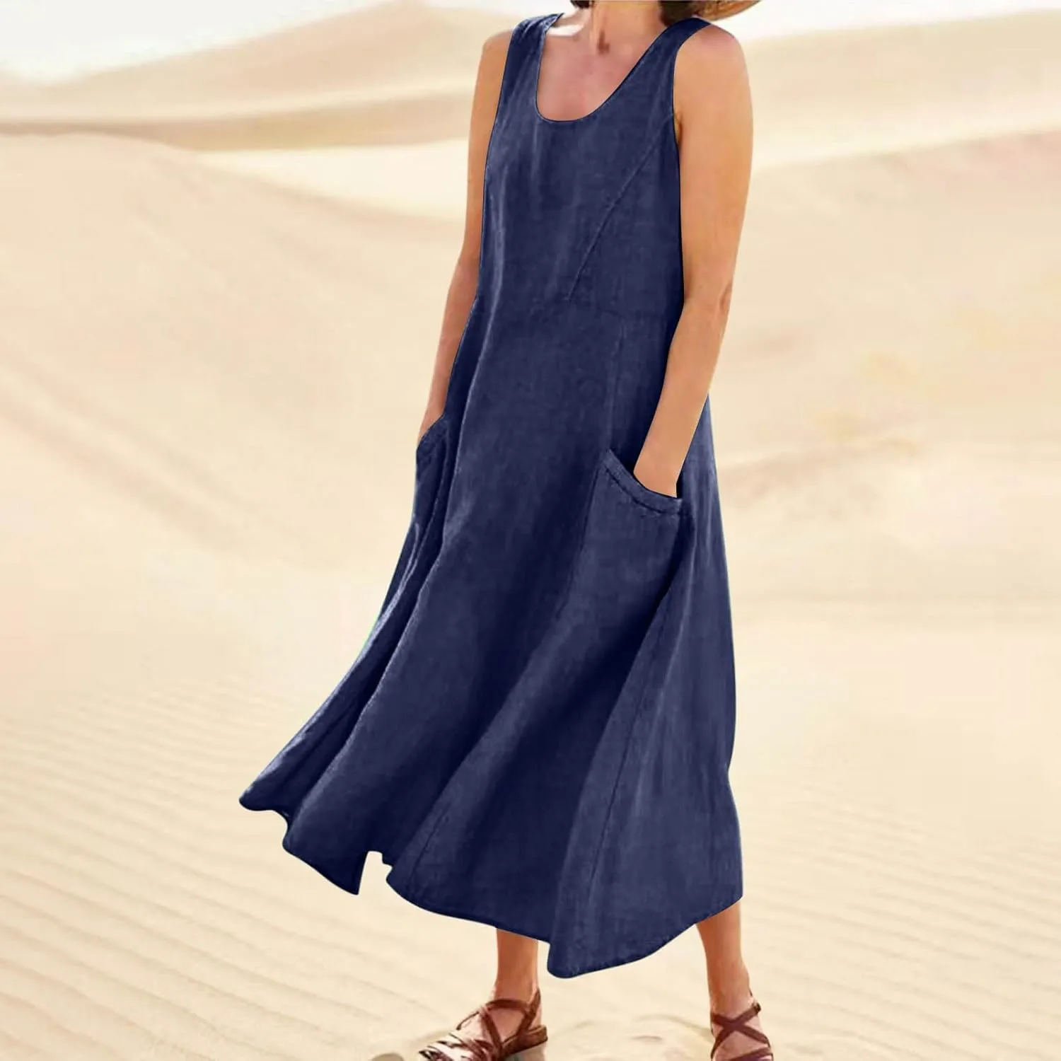 Plus Size Cotton Linen A-Line Maxi Dress Women Summer Lightweight Scoop Neck Beach Dresses Casual High Waist Dress