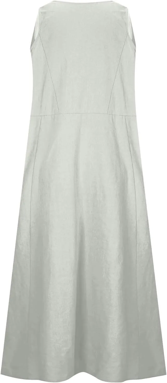 Plus Size Cotton Linen A-Line Maxi Dress Women Summer Lightweight Scoop Neck Beach Dresses Casual High Waist Dress