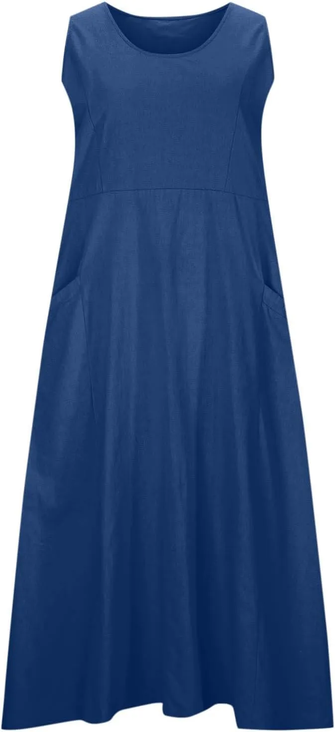 Plus Size Cotton Linen A-Line Maxi Dress Women Summer Lightweight Scoop Neck Beach Dresses Casual High Waist Dress