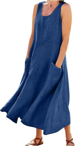 Plus Size Cotton Linen A-Line Maxi Dress Women Summer Lightweight Scoop Neck Beach Dresses Casual High Waist Dress