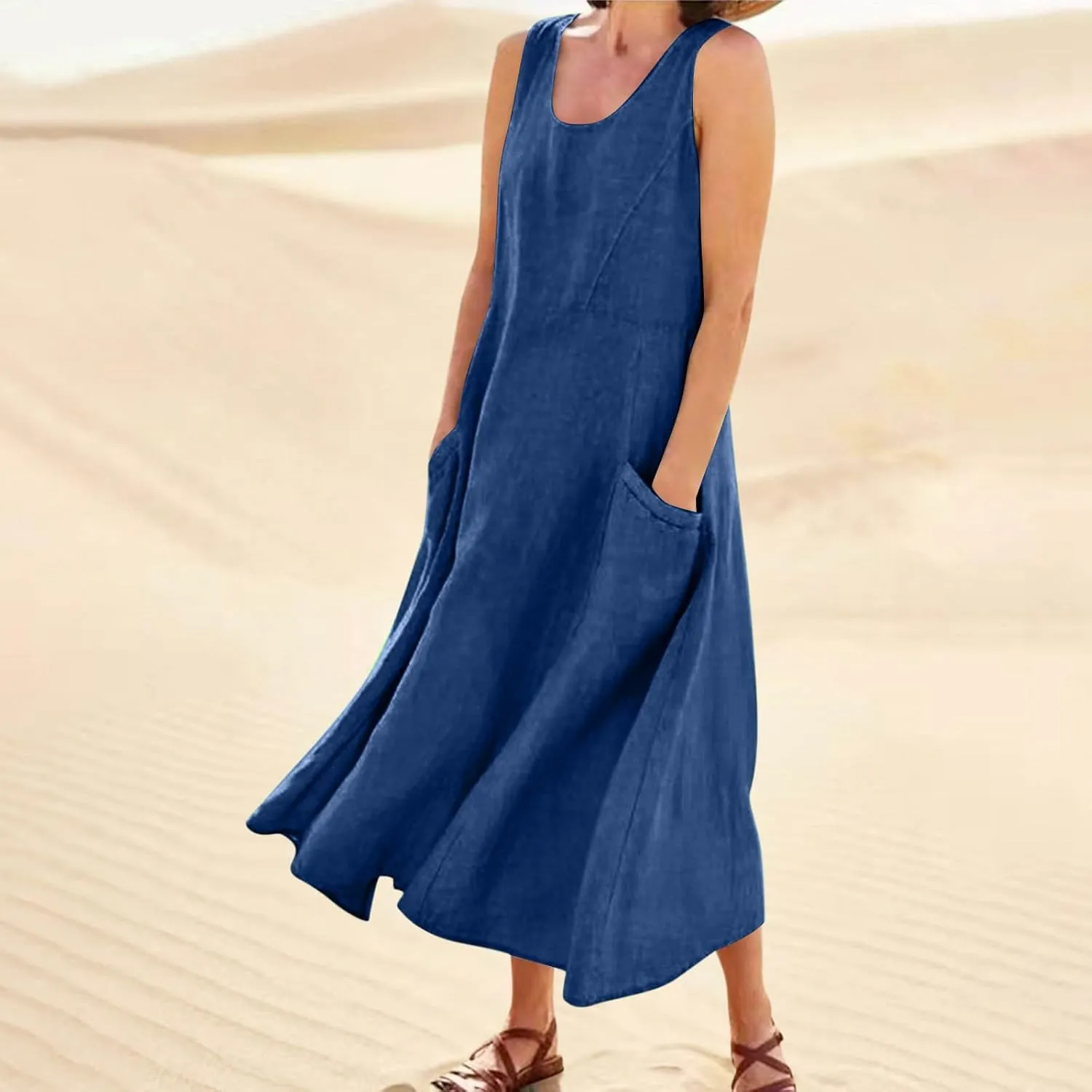 Plus Size Cotton Linen A-Line Maxi Dress Women Summer Lightweight Scoop Neck Beach Dresses Casual High Waist Dress
