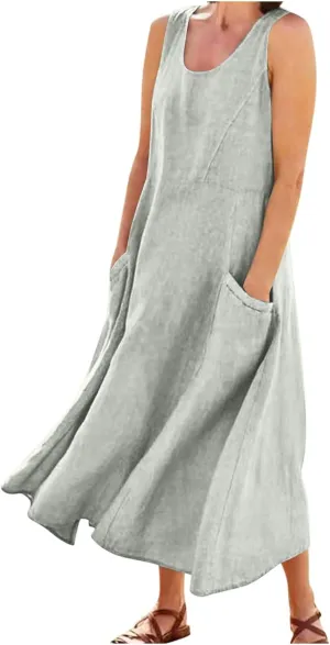 Plus Size Cotton Linen A-Line Maxi Dress Women Summer Lightweight Scoop Neck Beach Dresses Casual High Waist Dress
