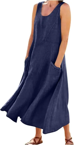 Plus Size Cotton Linen A-Line Maxi Dress Women Summer Lightweight Scoop Neck Beach Dresses Casual High Waist Dress