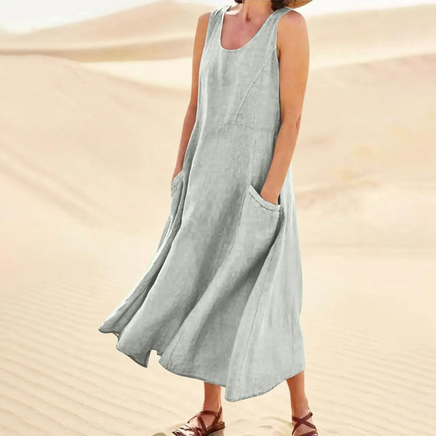 Plus Size Cotton Linen A-Line Maxi Dress Women Summer Lightweight Scoop Neck Beach Dresses Casual High Waist Dress