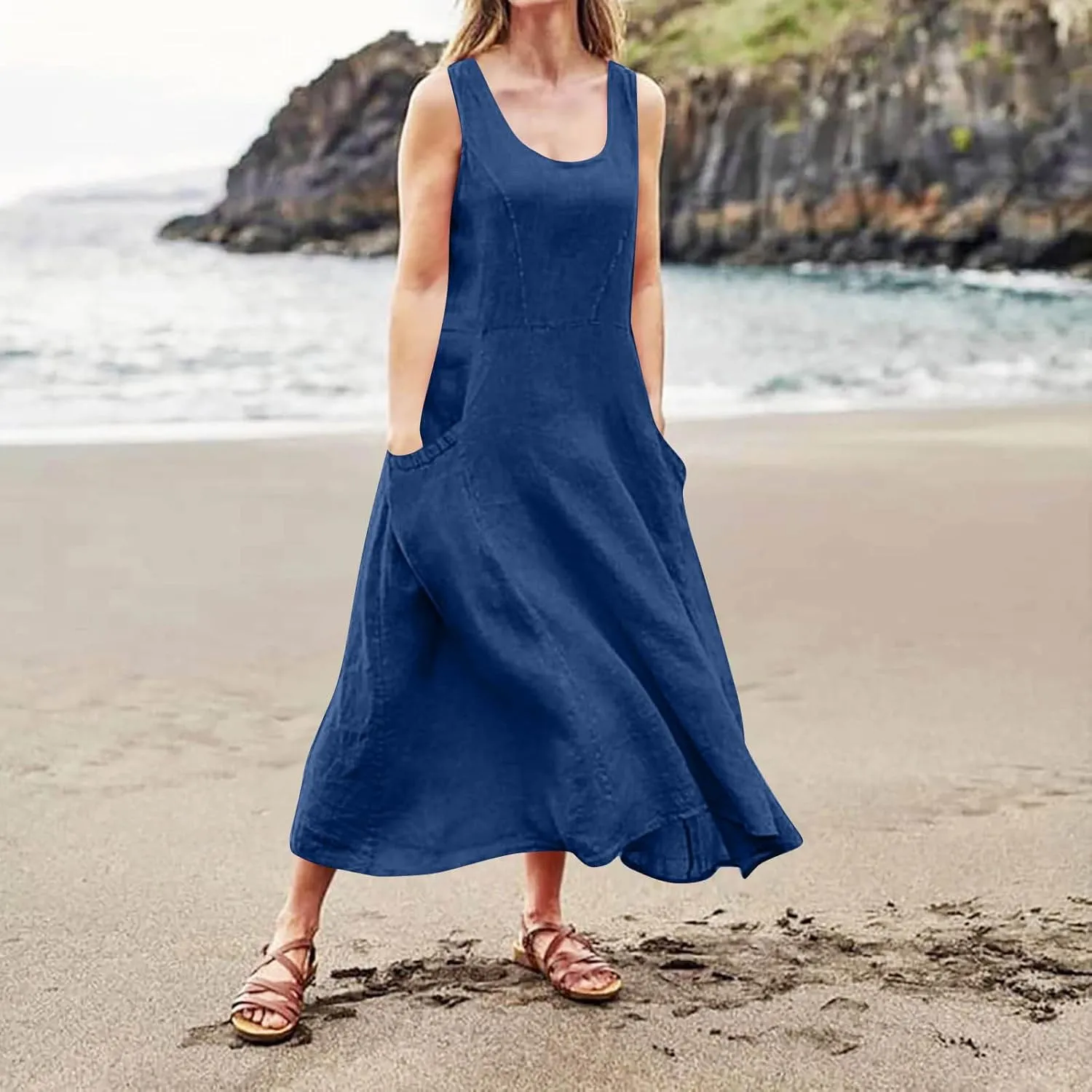 Plus Size Cotton Linen A-Line Maxi Dress Women Summer Lightweight Scoop Neck Beach Dresses Casual High Waist Dress