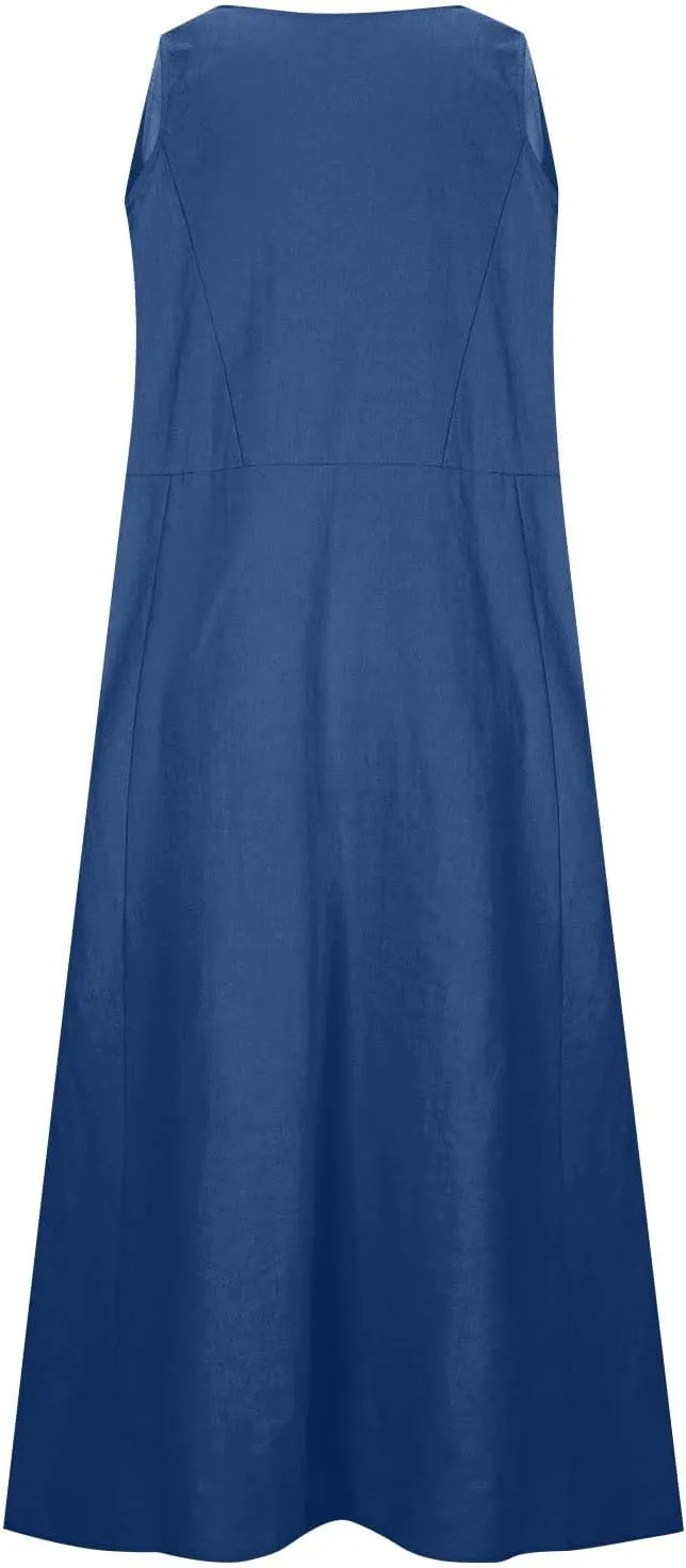 Plus Size Cotton Linen A-Line Maxi Dress Women Summer Lightweight Scoop Neck Beach Dresses Casual High Waist Dress