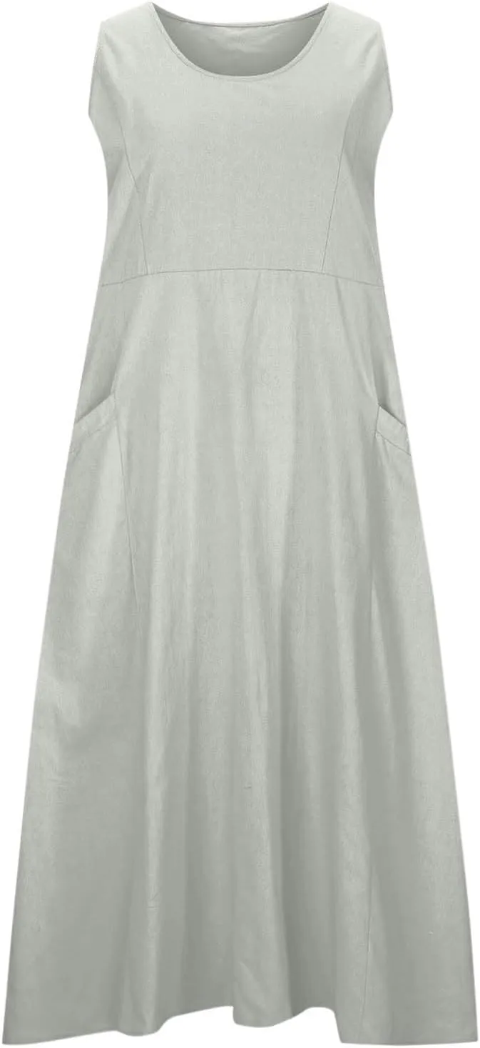 Plus Size Cotton Linen A-Line Maxi Dress Women Summer Lightweight Scoop Neck Beach Dresses Casual High Waist Dress