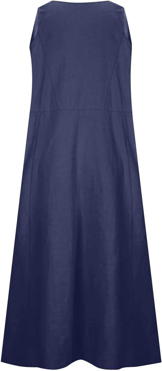 Plus Size Cotton Linen A-Line Maxi Dress Women Summer Lightweight Scoop Neck Beach Dresses Casual High Waist Dress
