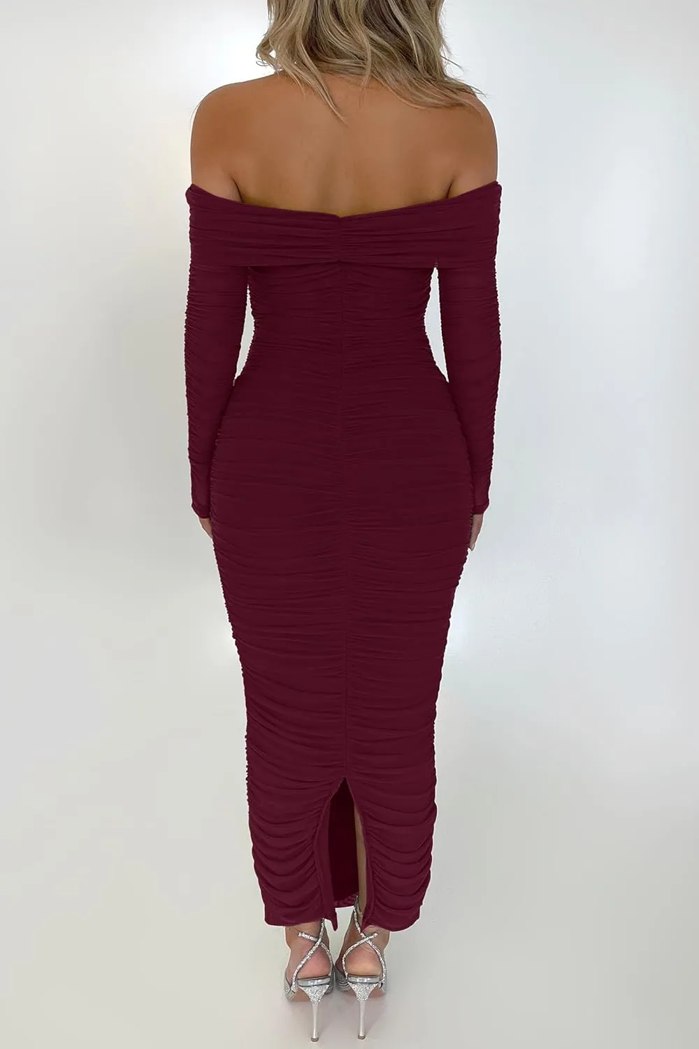 PRETTYGARDEN Women's Fall Off The Shoulder Maxi Dress Spring Long Sleeve Ruched Fitted Bodycon Club Dresses with Slit