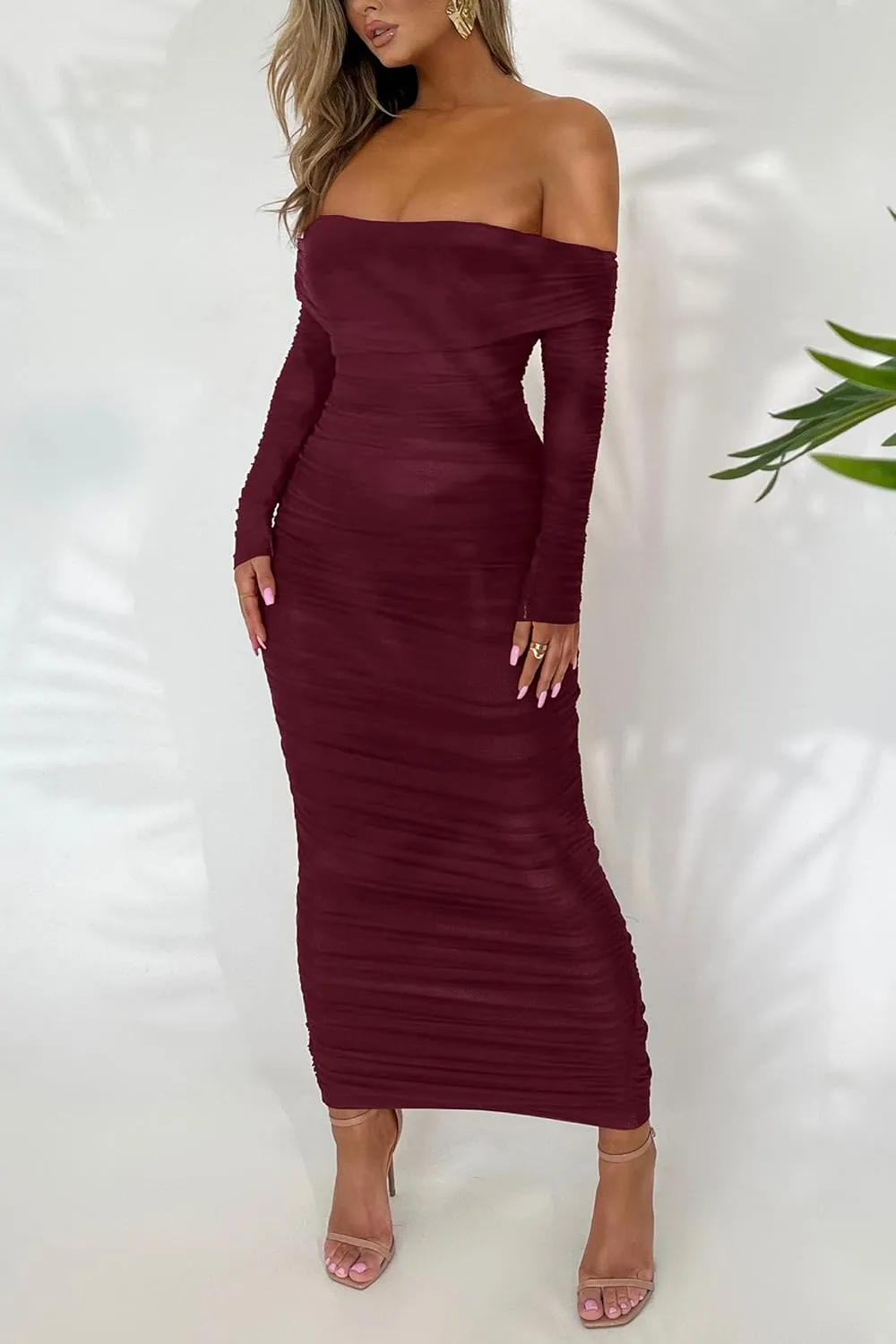 PRETTYGARDEN Women's Fall Off The Shoulder Maxi Dress Spring Long Sleeve Ruched Fitted Bodycon Club Dresses with Slit