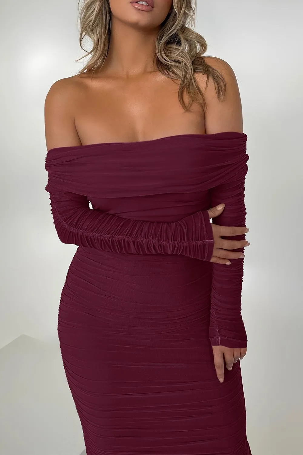 PRETTYGARDEN Women's Fall Off The Shoulder Maxi Dress Spring Long Sleeve Ruched Fitted Bodycon Club Dresses with Slit