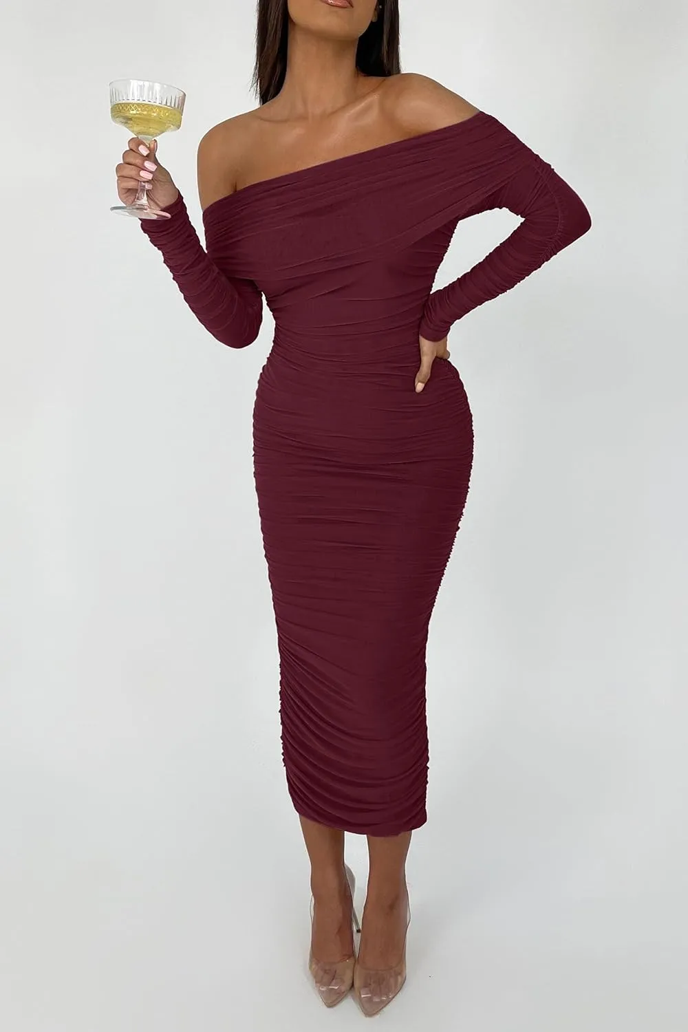 PRETTYGARDEN Women's Fall Off The Shoulder Maxi Dress Spring Long Sleeve Ruched Fitted Bodycon Club Dresses with Slit