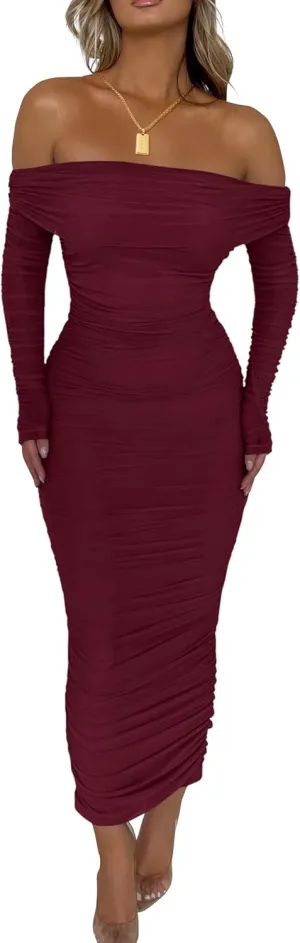 PRETTYGARDEN Women's Fall Off The Shoulder Maxi Dress Spring Long Sleeve Ruched Fitted Bodycon Club Dresses with Slit
