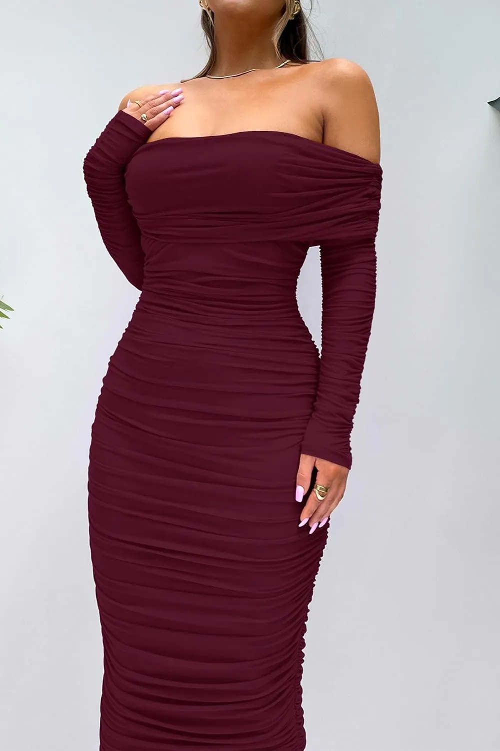 PRETTYGARDEN Women's Fall Off The Shoulder Maxi Dress Spring Long Sleeve Ruched Fitted Bodycon Club Dresses with Slit