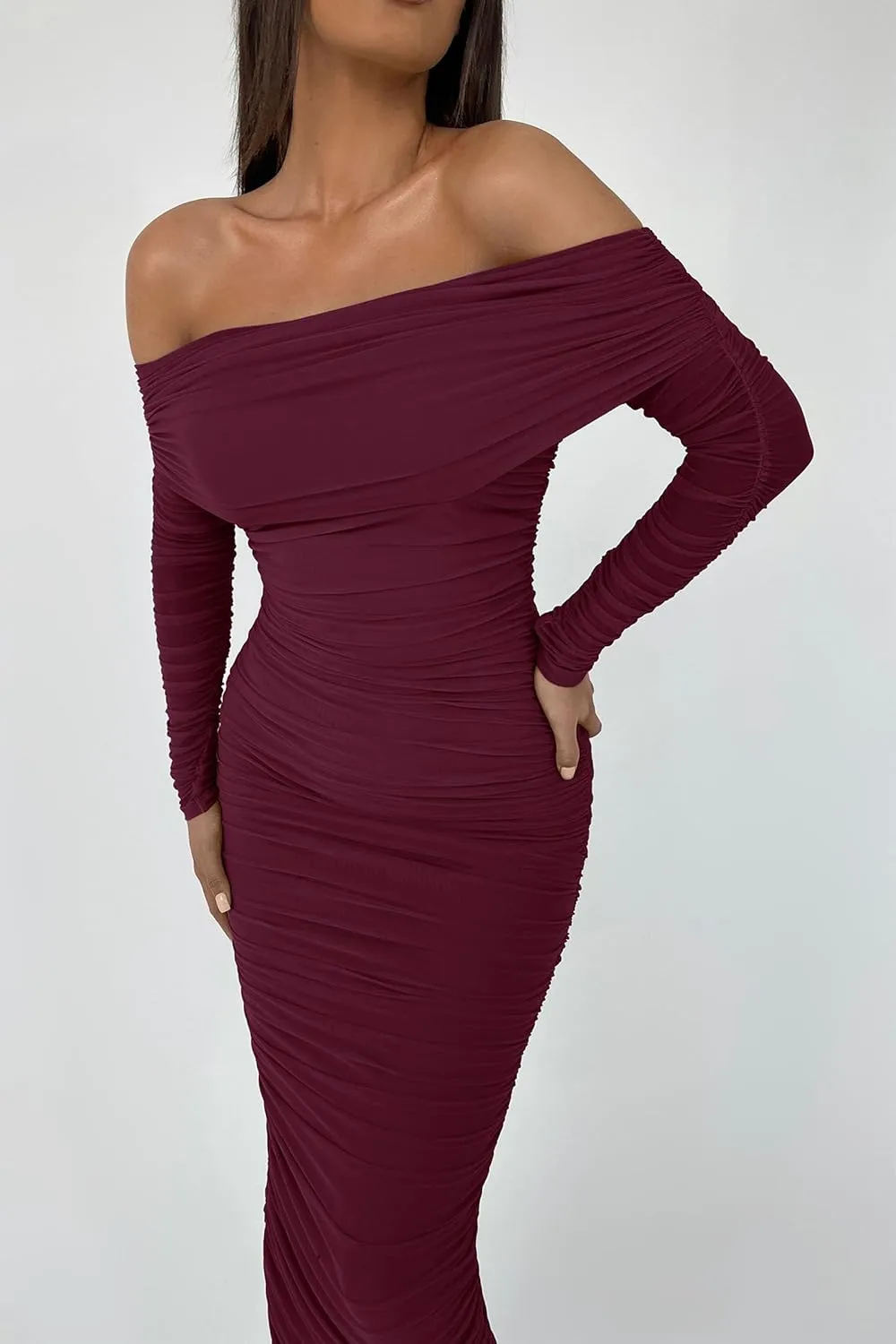 PRETTYGARDEN Women's Fall Off The Shoulder Maxi Dress Spring Long Sleeve Ruched Fitted Bodycon Club Dresses with Slit