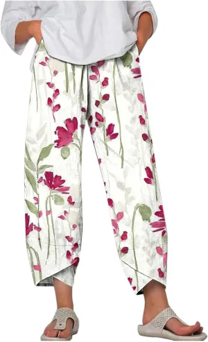 Prime of Day Deals Today 2024 Dress Deals Womens Plus Size Pants Trendy Daisy Print Summer Tulip Hem Casual Pants Elastic Waist Trouser Pants with Pockets, 01 Red