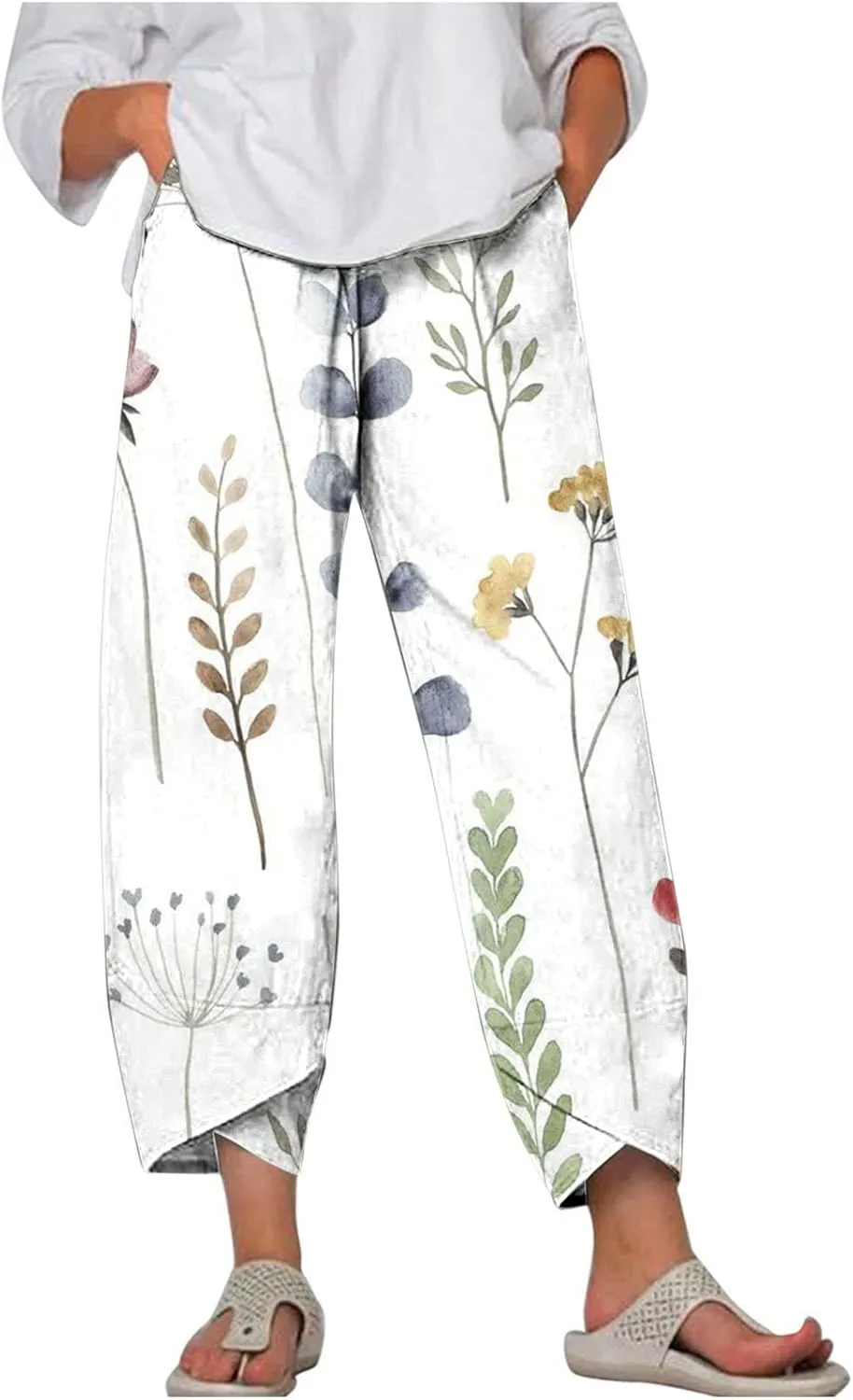 Prime of Day Sales 2024 Womens Plus Size Pants Trendy Daisy Print Summer Tulip Hem Casual Pants Elastic Waist Trouser Pants with Pockets, Large, 01 White