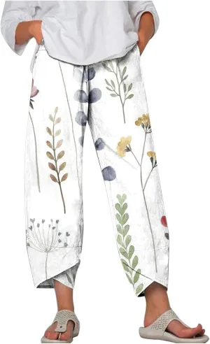 Prime of Day Sales 2024 Womens Plus Size Pants Trendy Daisy Print Summer Tulip Hem Casual Pants Elastic Waist Trouser Pants with Pockets, Large, 01 White