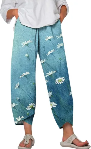 Prime of Day Travel Deals Womens Plus Size Pants Trendy Daisy Print Summer Tulip Hem Casual Pants Elastic Waist Trouser Pants with Pockets, 5X-Large, 01 Light Blue