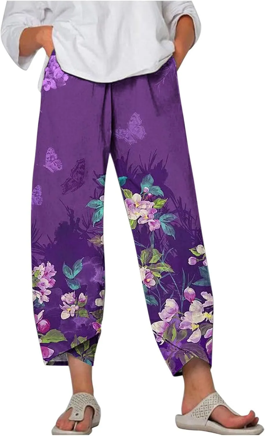 Prime of Sales Today Womens Plus Size Pants Trendy Daisy Print Summer Tulip Hem Casual Pants Elastic Waist Trouser Pants with Pockets, Large, 01 Purple