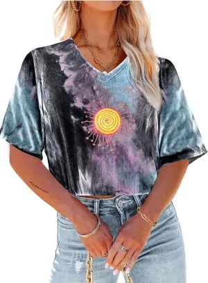 Remidoo Women's Short Sleeve Crop Top V Neck Tie Dye Shirt Loose Cropped Tee Shirts