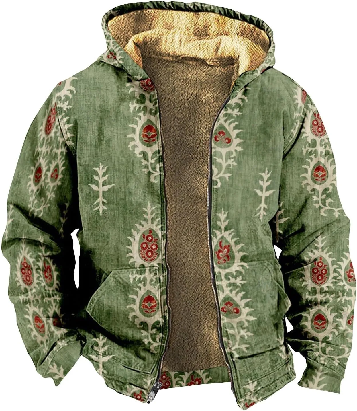 Retro Ethnic Graphic Hoodies Heavyweight Sherpa Fleece Lined Jackets Big Tall Zip Up Sweatshirts For Men With Hood