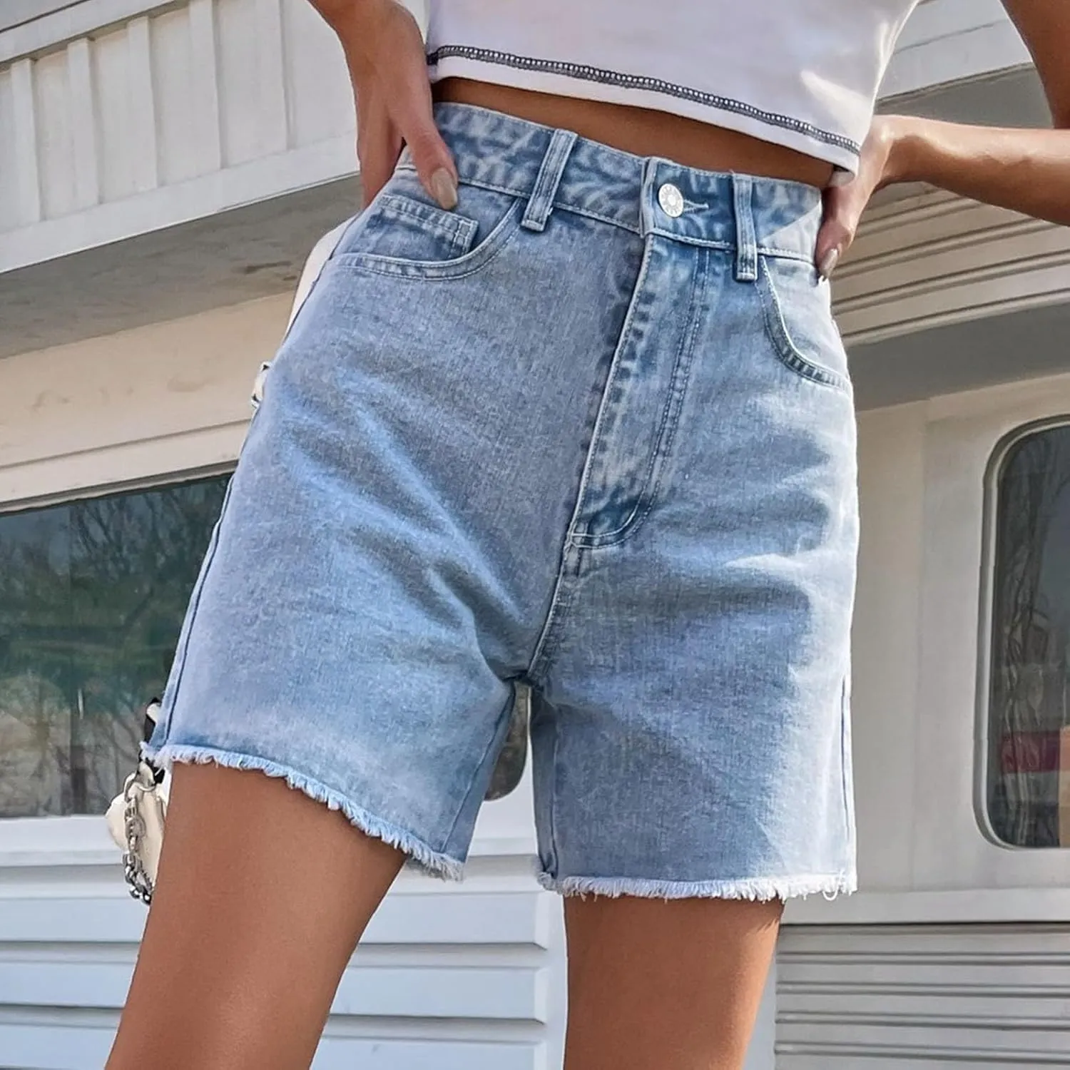 Ripped Jean Shorts for Women Front Button Frayed Raw High Waist Denim Shorts Junior Distressed Cutoff Wide Leg Short