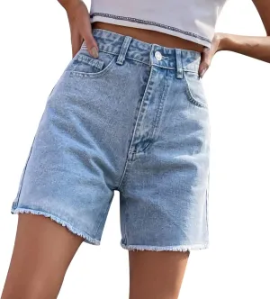 Ripped Jean Shorts for Women Front Button Frayed Raw High Waist Denim Shorts Junior Distressed Cutoff Wide Leg Short