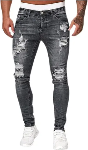 Ripped Jeans Men Baggy Classic Comfort Flex Retro Jeans Pants Lightweight Elastic Waist Denim Trousers