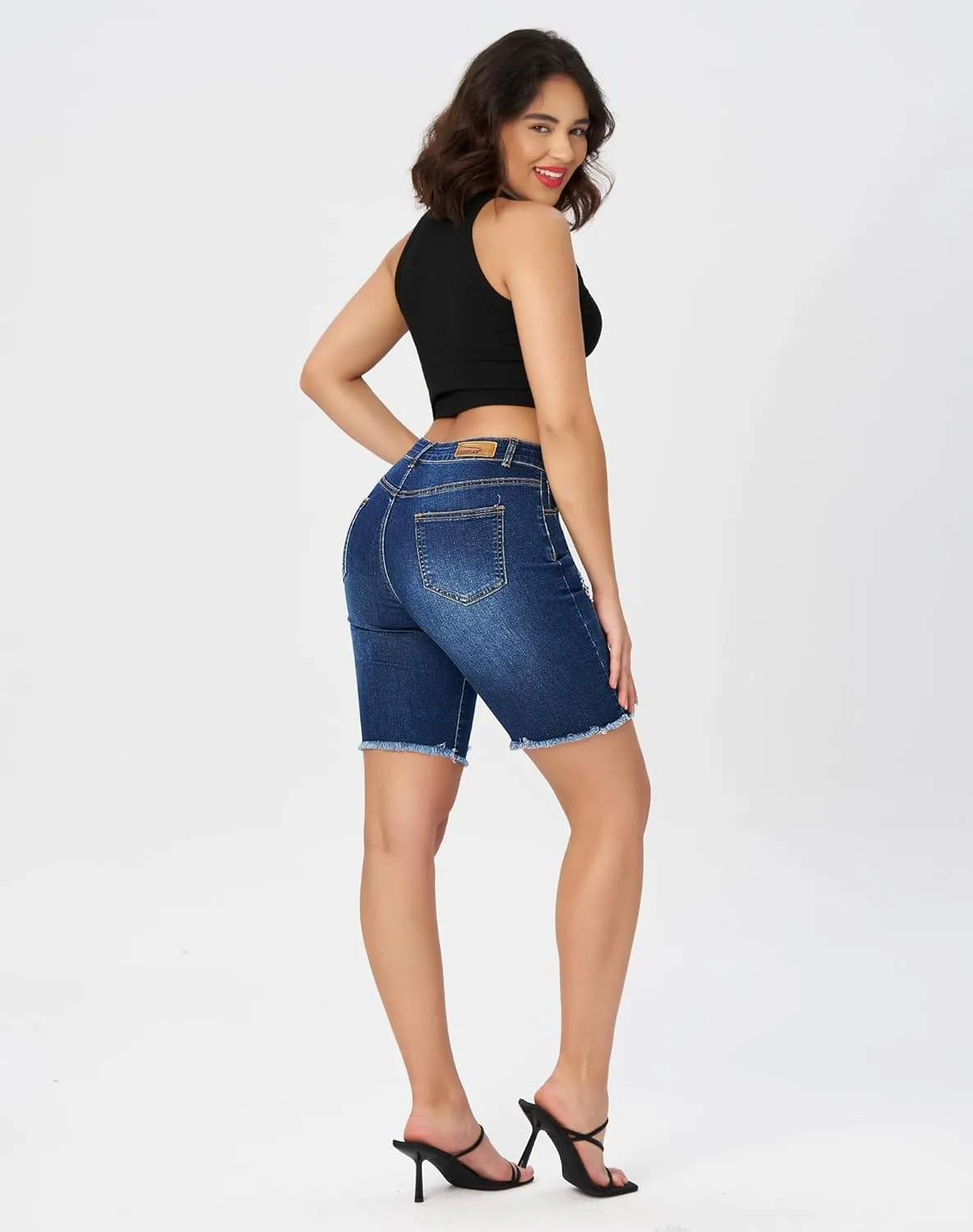 roswear Women's High Waisted Stretchy Denim Bermuda Shorts Ripped Casual Summer Jean Shorts
