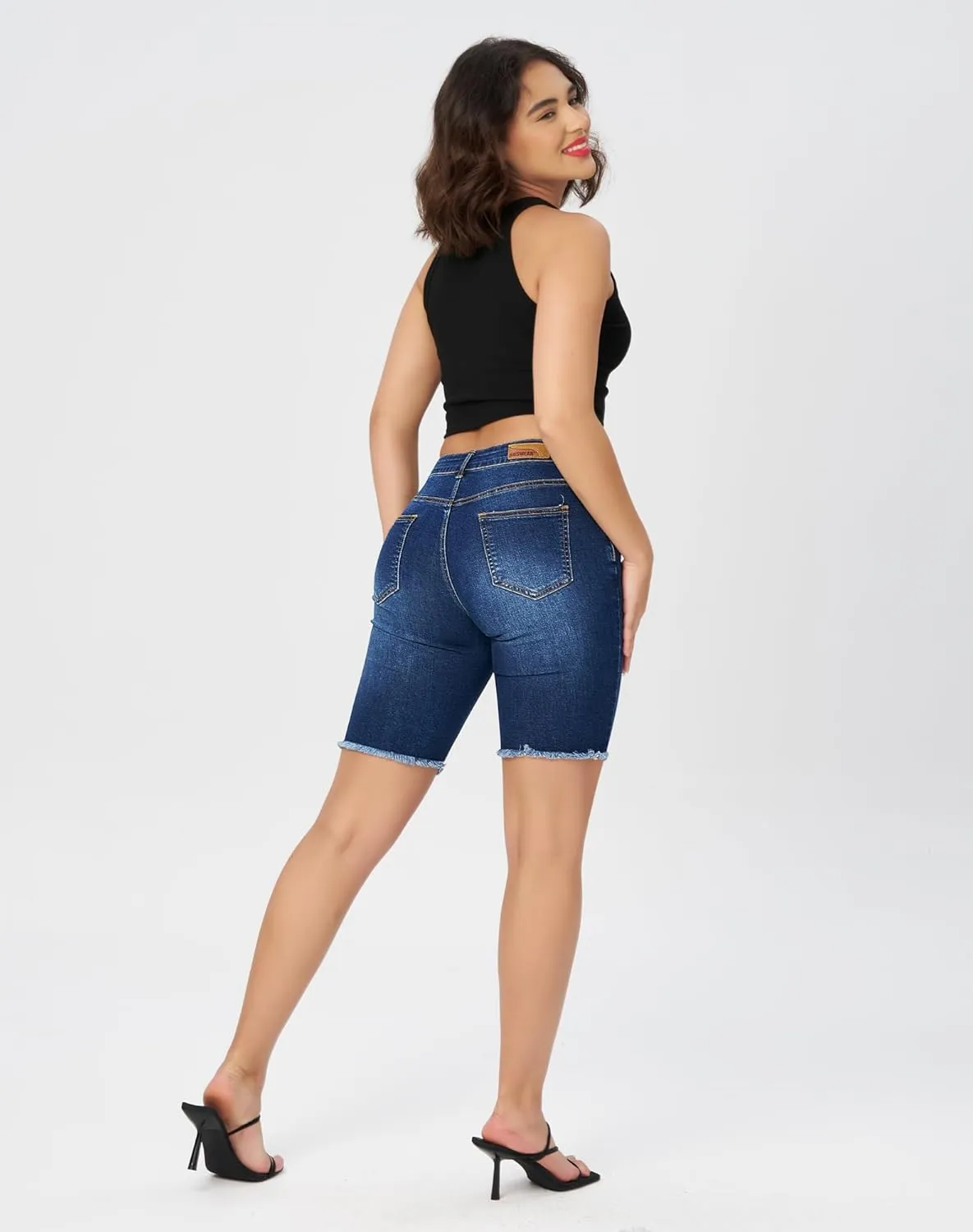 roswear Women's High Waisted Stretchy Denim Bermuda Shorts Ripped Casual Summer Jean Shorts