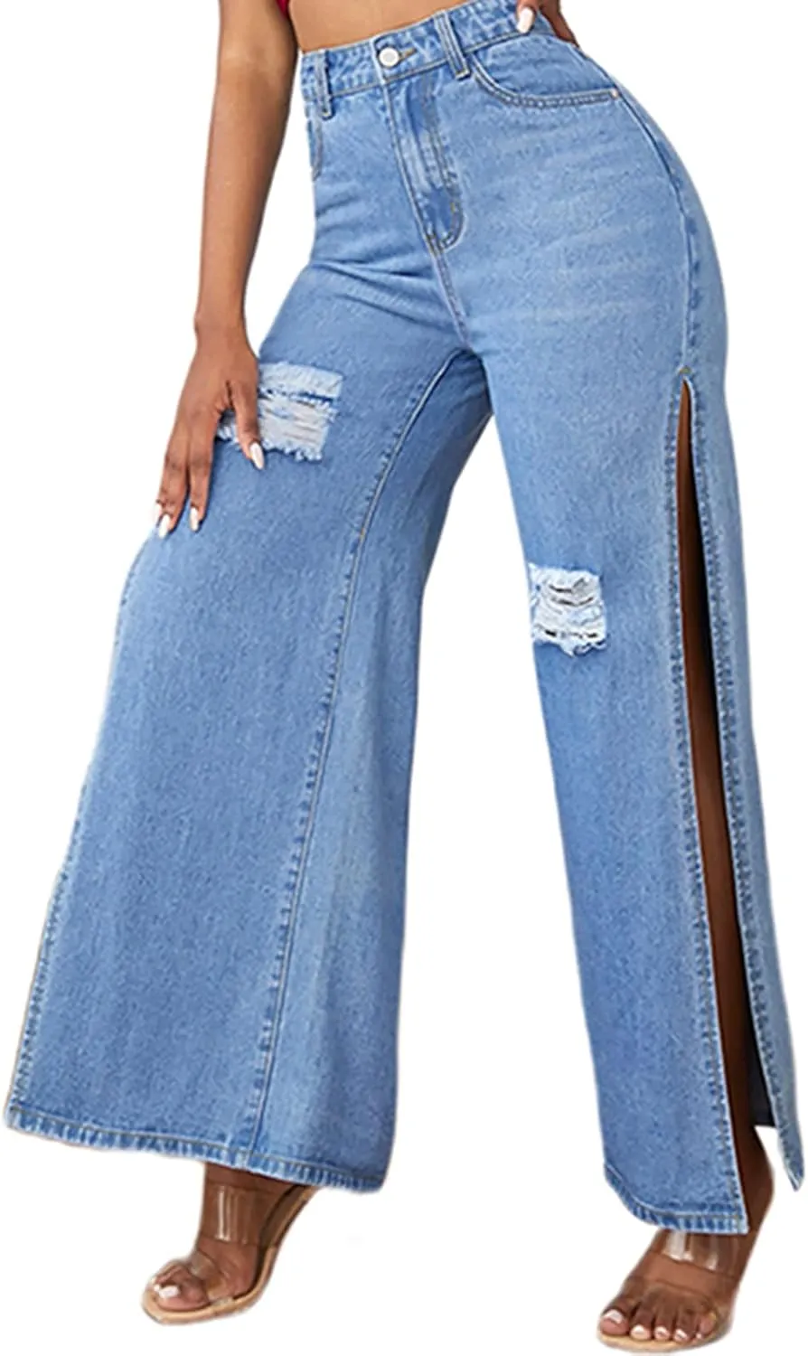 SCOMCHIC Women's High Waisted Wide Leg Ripped Jeans High Side Slit Distressed Denim Jeans Pants Relaxed Fit Baggy Jeans S-3XL