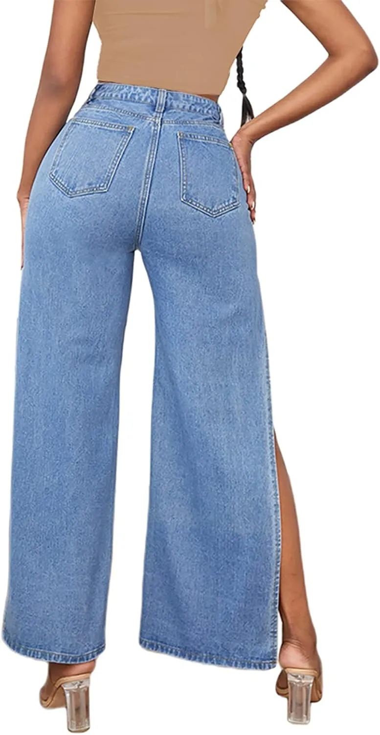 SCOMCHIC Women's High Waisted Wide Leg Ripped Jeans High Side Slit Distressed Denim Jeans Pants Relaxed Fit Baggy Jeans S-3XL