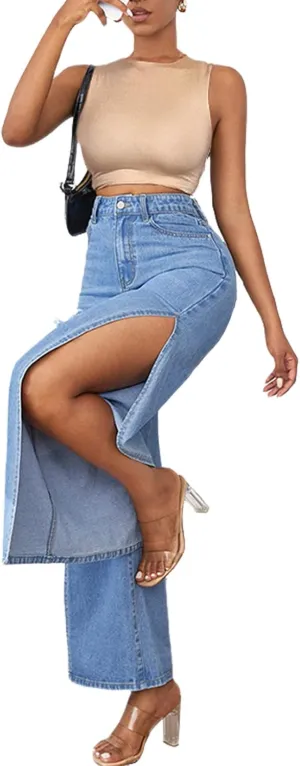 SCOMCHIC Women's High Waisted Wide Leg Ripped Jeans High Side Slit Distressed Denim Jeans Pants Relaxed Fit Baggy Jeans S-3XL
