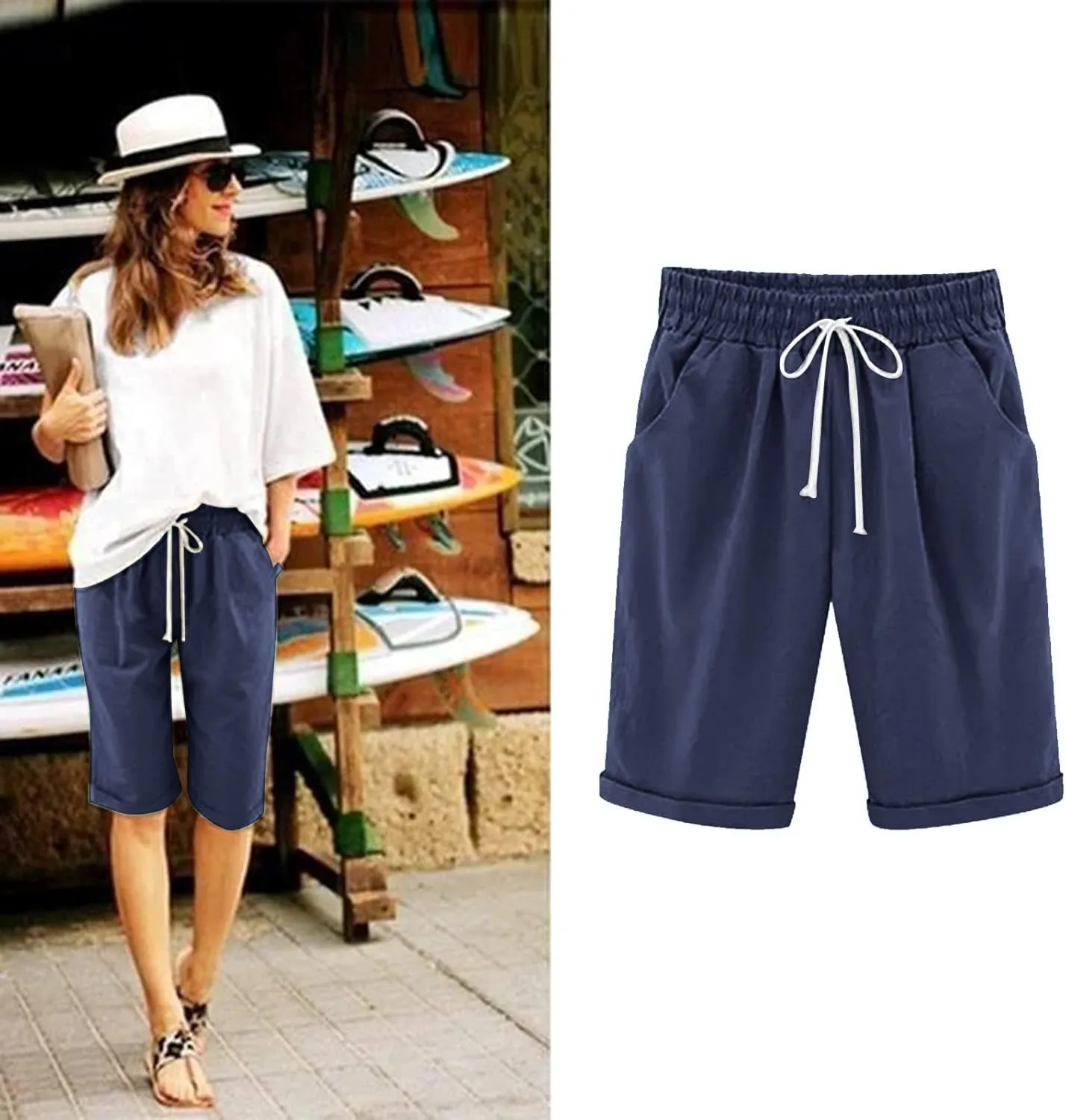 sdbrld Bermuda Shorts for Women,Womens Elastic Waist Knee Length Summer Casual Cotton Athletic Bermuda Shorts with Drawstring