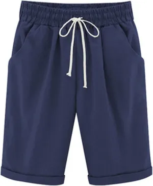 sdbrld Bermuda Shorts for Women,Womens Elastic Waist Knee Length Summer Casual Cotton Athletic Bermuda Shorts with Drawstring