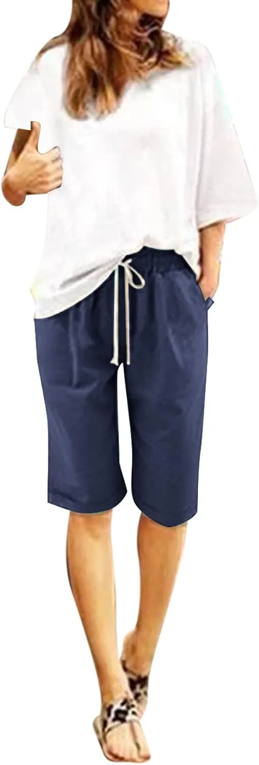 sdbrld Bermuda Shorts for Women,Womens Elastic Waist Knee Length Summer Casual Cotton Athletic Bermuda Shorts with Drawstring