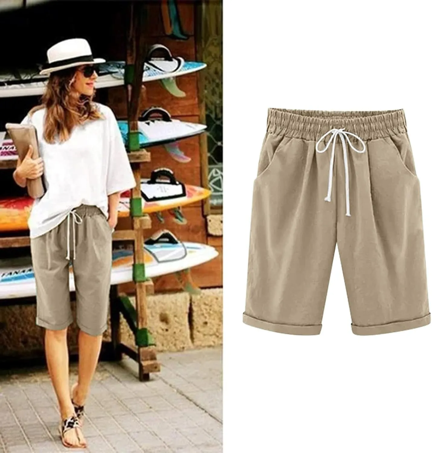 sdbrld Bermuda Shorts for Women,Womens Elastic Waist Knee Length Summer Casual Cotton Athletic Bermuda Shorts with Drawstring