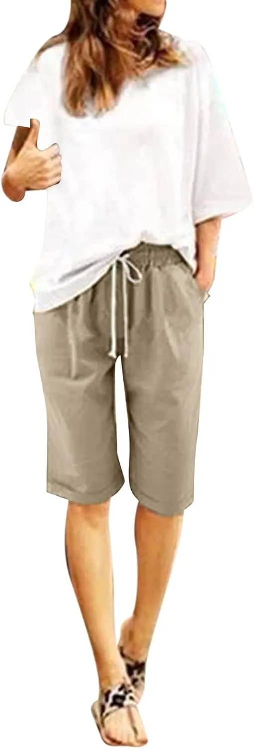 sdbrld Bermuda Shorts for Women,Womens Elastic Waist Knee Length Summer Casual Cotton Athletic Bermuda Shorts with Drawstring