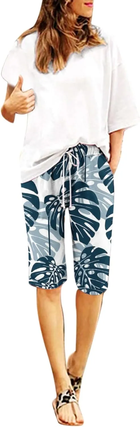 sdbrld Denim Bermuda Shorts for Women Knee Length High Waisted Shorts Women Denim Women's Casual Summer Cotton Drawstring Elastic Waist Knee Length Bermuda Hiking Athletic Beach Shorts