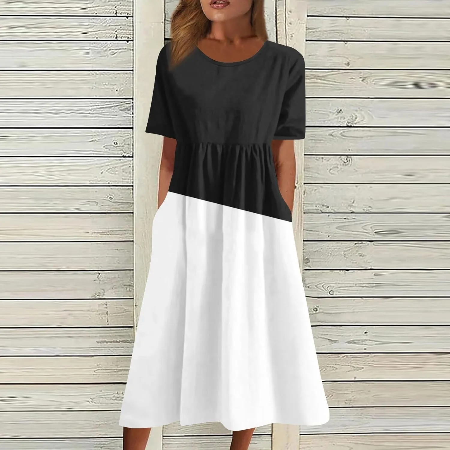 Segaven Dresses for Women 2024 Pocket Printed Dresses Round Neck Pleated Maxi Dress Short Sleeve Casual Beach Dress