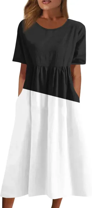 Segaven Dresses for Women 2024 Pocket Printed Dresses Round Neck Pleated Maxi Dress Short Sleeve Casual Beach Dress