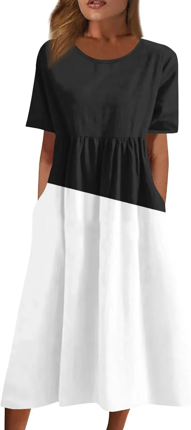 Segaven Dresses for Women 2024 Pocket Printed Dresses Round Neck Pleated Maxi Dress Short Sleeve Casual Beach Dress