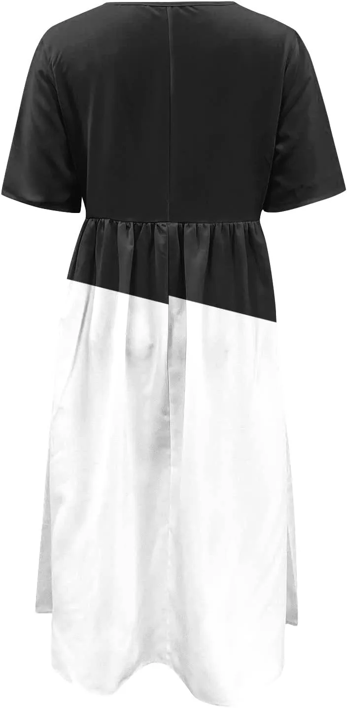 Segaven Dresses for Women 2024 Pocket Printed Dresses Round Neck Pleated Maxi Dress Short Sleeve Casual Beach Dress