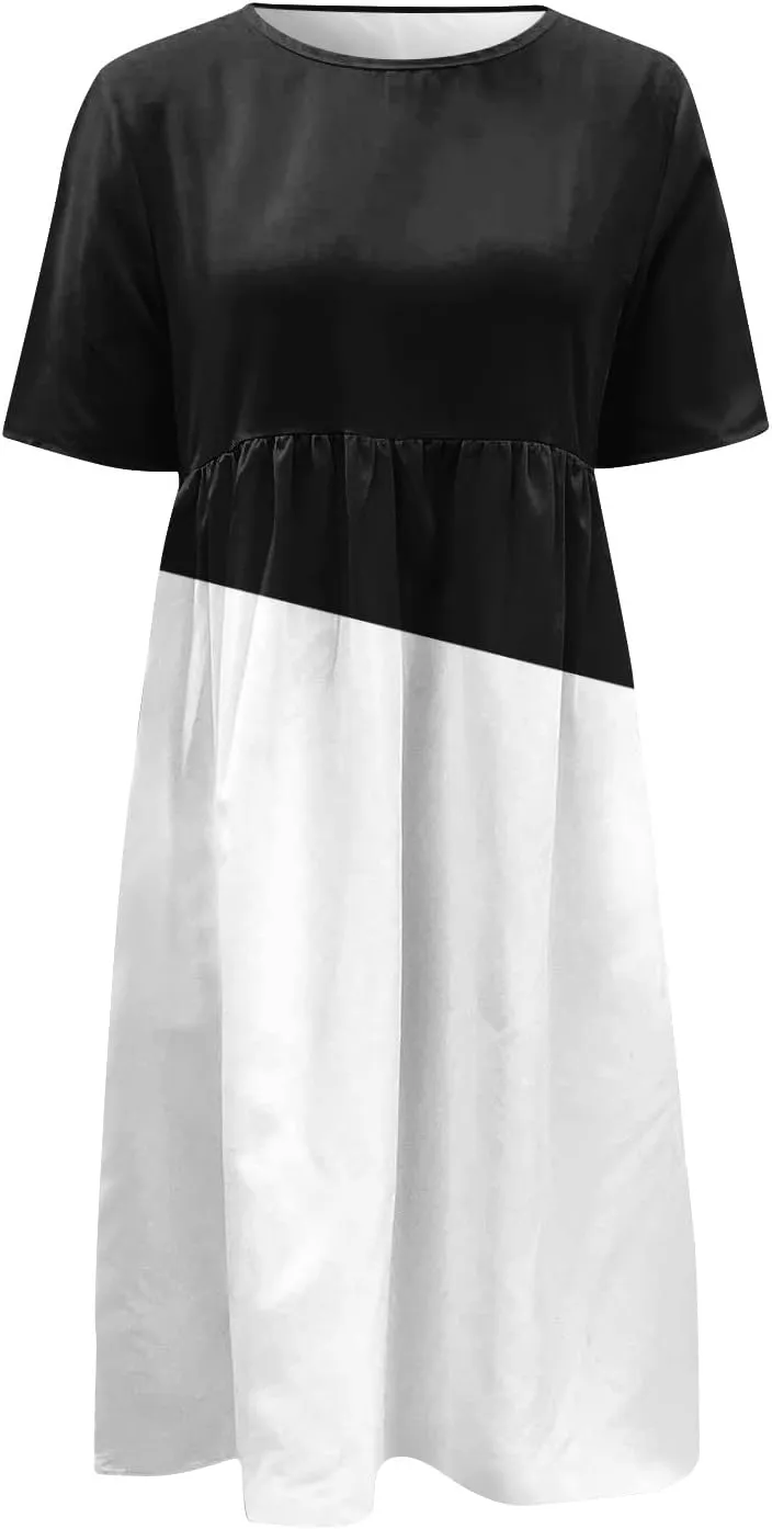 Segaven Dresses for Women 2024 Pocket Printed Dresses Round Neck Pleated Maxi Dress Short Sleeve Casual Beach Dress