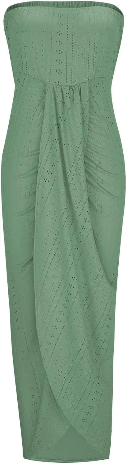 Sexy Strapless Midi Dress for Women Solid Color Mesh Hollow Out High Split Bodycon Dresses Party Club Dress