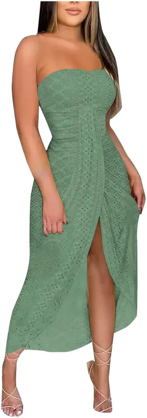 Sexy Strapless Midi Dress for Women Solid Color Mesh Hollow Out High Split Bodycon Dresses Party Club Dress